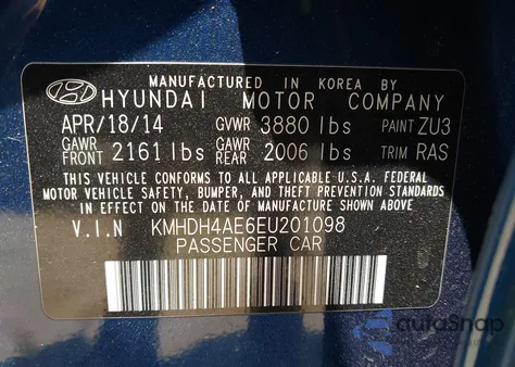 2014 Hyundai Elantra Se from USA, damaged, VIN KMHDH4AE6EU201098